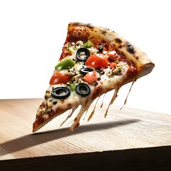 A delicious slice of veggie pizza with melted cheese slides off a rustic wooden table against a bright white background showcasing its fresh ingredients and appetizing texture.