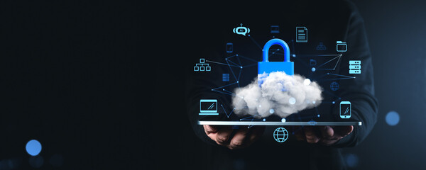 Cloud padlock symbolizing digital data security and cloud protection concept.
