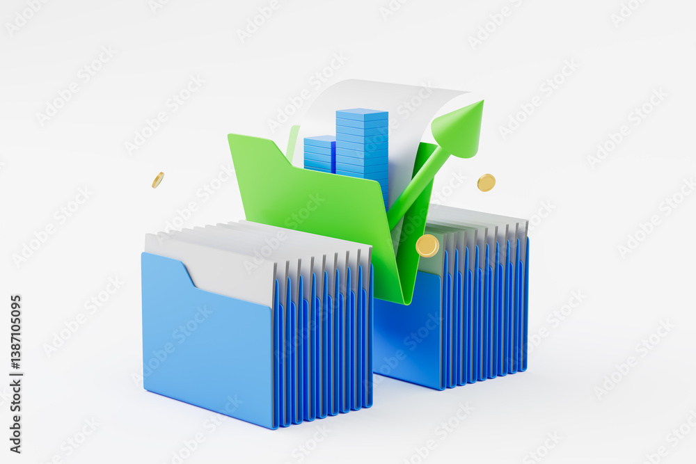 Aufkleber data management concept with financial growth in digital folders. 3d rendering