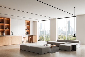 Modern minimalist open-plan interior with wood kitchen, large windows and city skyline view in daylight setting. 3D Rendering