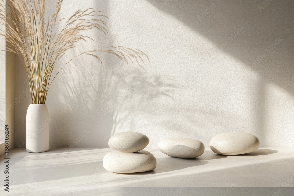 Poster Minimalist arrangement of smooth river stones on a white surface with soft lighting and neutral aesthetic for a calming atmosphere