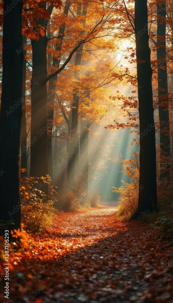 Poster autumn forest trail: sunlit path through golden leaves and towering trees