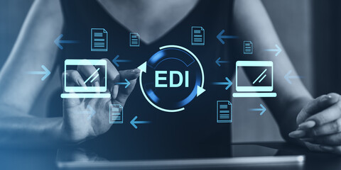 Electronic data interchange concept with digital symbols and human interaction.