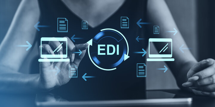 Electronic data interchange concept with digital symbols and human interaction.