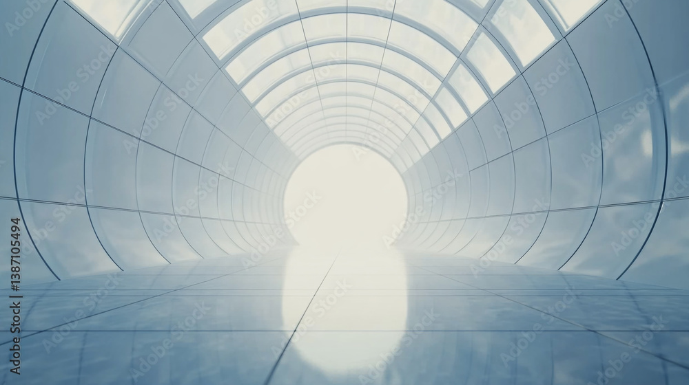Poster bright light at the end of a futuristic tunnel with curved walls and tiled floor perspective view