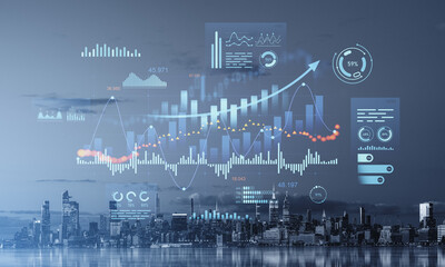 Financial graphs over New York skyline at night.