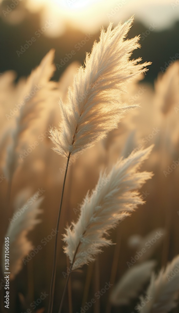 Poster pampas grass illuminated by warm sunset light in a field, creating a serene natural scene