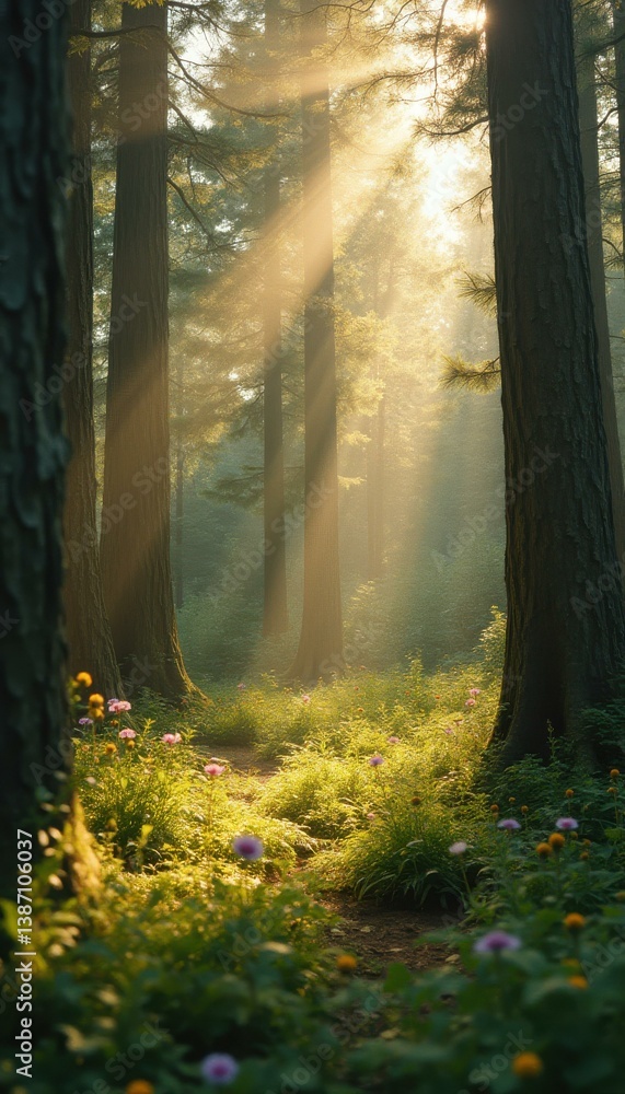 Poster sun-drenched forest path with wildflowers and towering trees in a cinematic scene