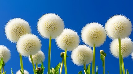 Obraz premium Beautiful White Dandelion Flowers on Bright Blue Sky Background
