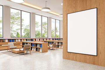 Modern interior with framed blank poster mockup in wooden library space. 3D Rendering