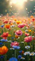 Fototapeta premium Field of vibrant wildflowers in full bloom, bathed in warm sunlight, creating a serene, colorful meadow scene