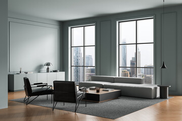 Fototapeta premium Modern minimalist living room with large windows and cityscape view, featuring neutral furniture and wooden flooring interior design. 3D Rendering