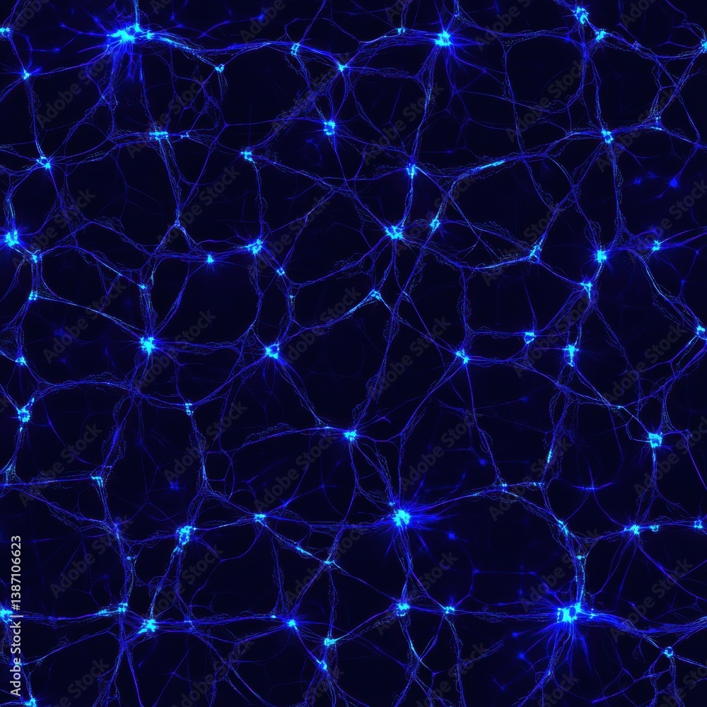Poster Exploring a deep blue neural network pattern with glowing connection points in a cyber-futuristic aesthetic