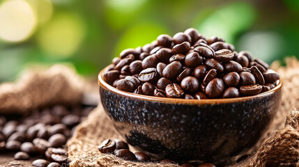 Fototapeta premium A bowl filled with roasted coffee beans on a burlap sack with a blurred green background behind it