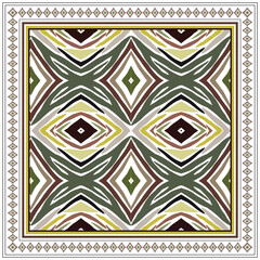 A geometric square print scarf pattern diamonds and leaf shapes in  green, brown, and yellow border, it could be used as a wallpaper, fabric design, scarf, pillow cover and bag