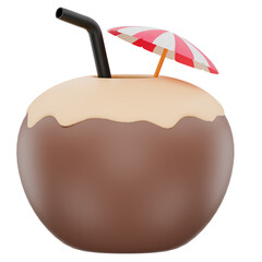3D Coconut Drink with Tropical Umbrella Icon Representing Exotic Summer Relaxation