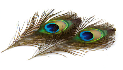 Fototapeta premium Two beautiful peacock feathers isolated on white