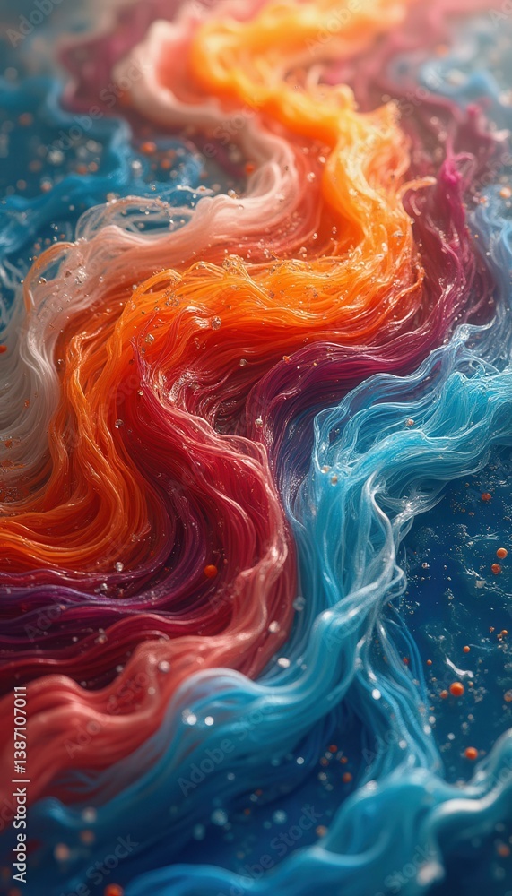 Poster abstract flow of colorful filaments resembling a vibrant explosion of dyed liquid, adorned with glis