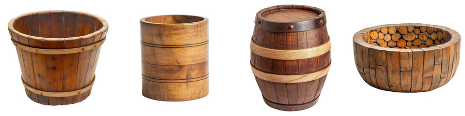 Obraz premium Four wooden bucket variations and a small barrel.