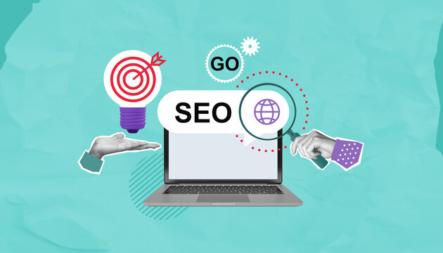 SEO concept with laptop, target and magnifier on abstract turquoise background.