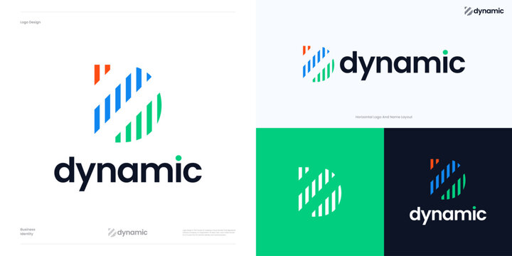 Letter D logo icon design vector editable with parallel diagonal stripes three dynamic colors or statistics bar, Symbol initial D sign for technology, agency, media and other brand identity business.