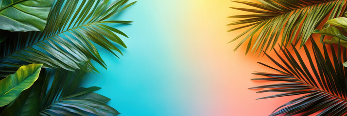 Bright tropical palm leaves on a vibrant, colorful background, perfect for a summer banner, tropical summer mockup, luxury travel holiday design, ample copy space, top view flat lay