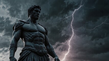 A statue of Aenex, the sky sentinel, standing atop the storm, holding lightning in his palm