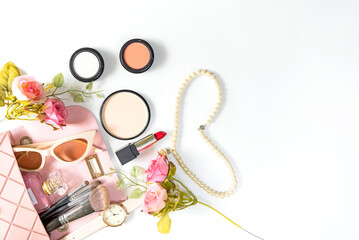 Makeup cosmetics tools background and beauty cosmetics, products and facial cosmetics package with flower purple tulip. Lifestyle Concept, copy space for text