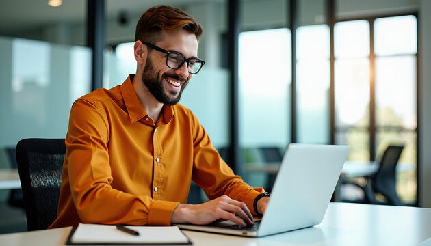Smiling Businessman Working on Laptop in Modern Office