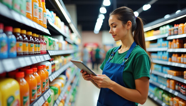 Grocery Store Employee Using Tablet for Inventory Management
