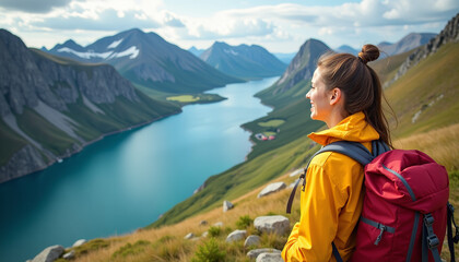 Naklejka premium Woman Hiking in Mountains with a Scenic Lake View