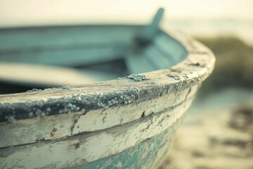 Obraz premium Weathered wooden boat on a sandy beach, showing age and sea life.