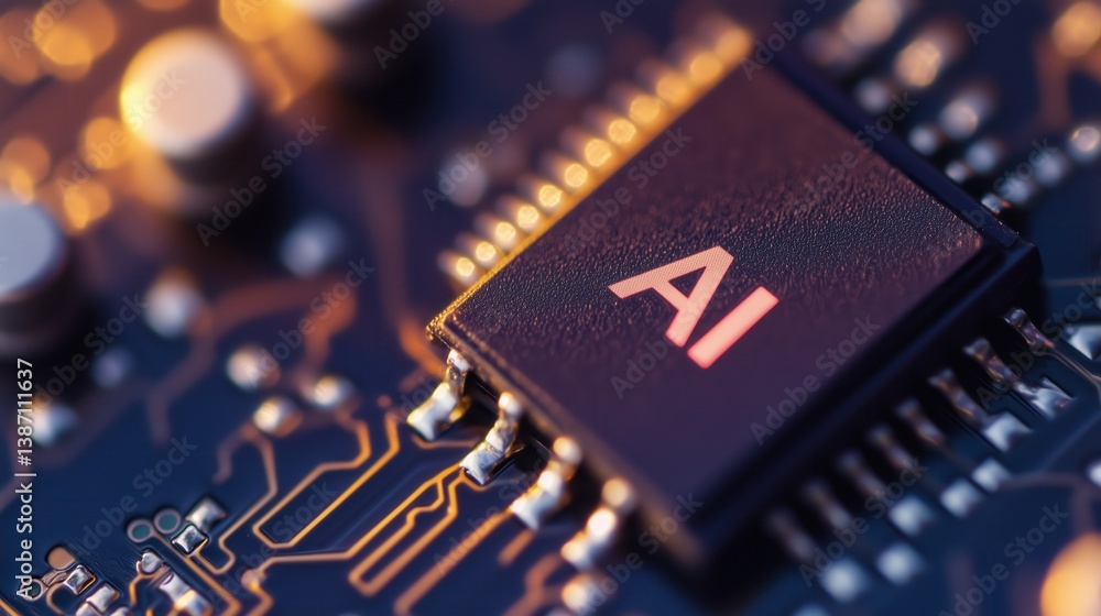 Poster the sleek microchip glows under soft lighting, with the bold letters ai etched at its core, represen