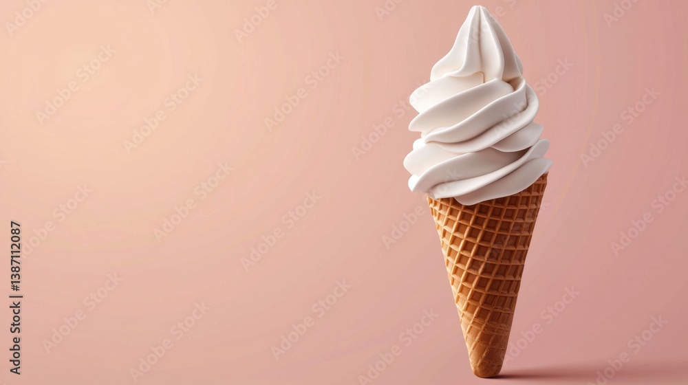 Poster soft serve ice cream sitting in a cone against a light pink background with a smooth texture and ple