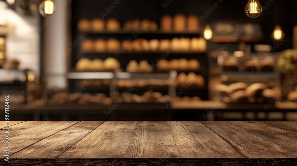 Poster empty wooden table top in blurred bakery background. blank nature textured desk for product display 