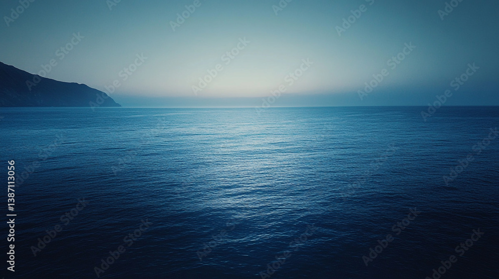 Poster a serene view of the ocean with a distant landmass under a soft and muted sky at twilight hour