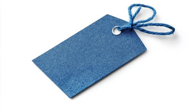 Blue paper tag with twine on white background, top view, blank for text or label.