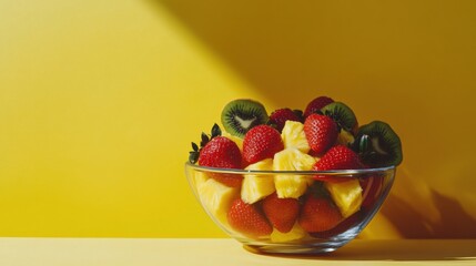 A vibrant fruit bowl with strawberries, pineapple, and kiwi. Featuring freshness and color