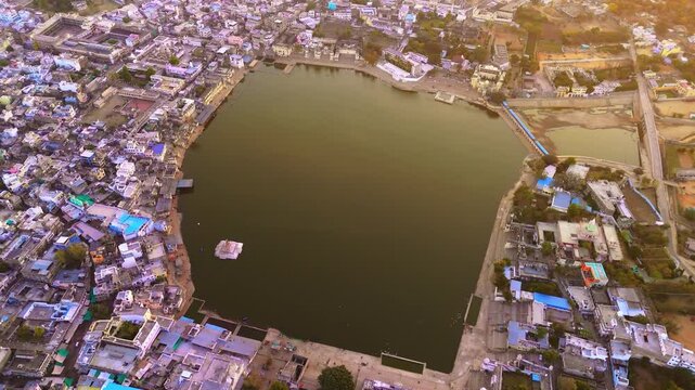 aerial footage of pushkar lake with surrounding ghats