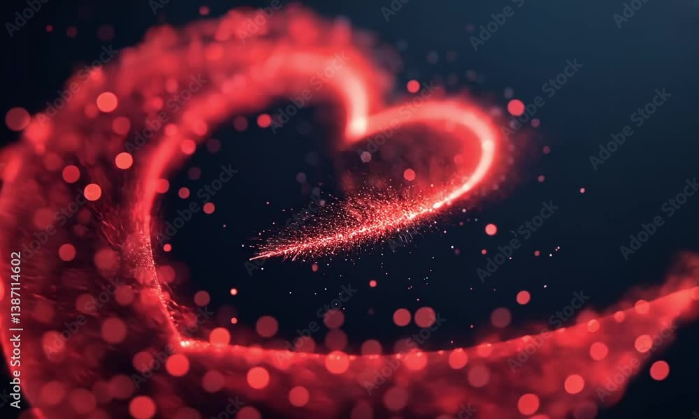 Poster dynamic animation of a heart shape forming with red particles and soft glowing effects made with gen