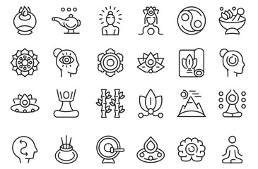 Fototapeta premium Yoga and meditation icons. Large set of yoga and Meditation trendy minimal icons. Yoga Pose, Meditation, Stretching icon. Design signs for web page, mobile app, packaging design. Vector illustration
