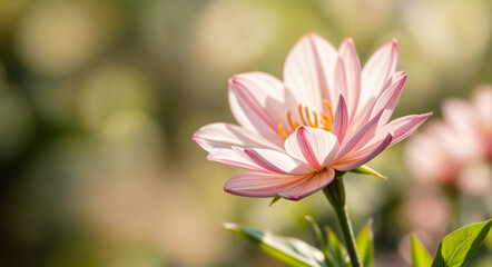 Obraz premium Close up of delicate pink flower with blurred green background, creating soft and natural atmosphere