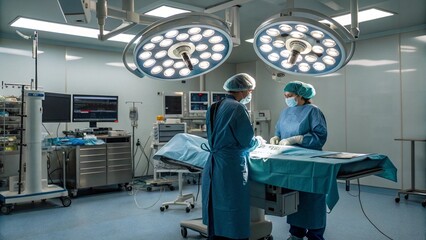 Group of concentrated surgeons engaging in rescue of male patient in operation room at hospital, emergency case, surgery, medical technology