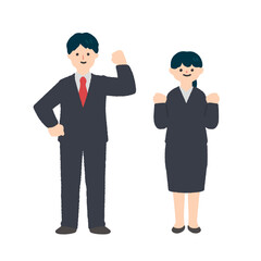 笑顔でガッツポーズをするスーツ姿の男性と女性