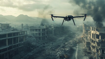 Fototapeta premium A military drone cuts through the smoky sky above a devastated cityscape, its silent presence surveying the wreckage of a once-thriving urban area now marked by conflict.