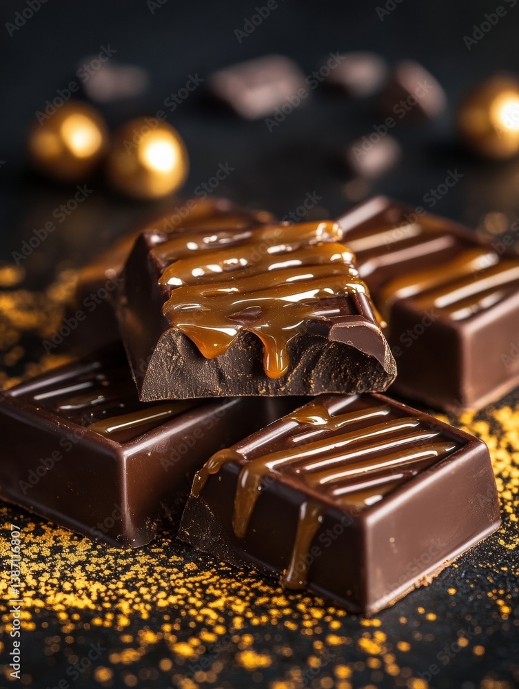 Aufkleber indulging in luxurious dark chocolate squares with oozing caramel drips under soft golden lighting
