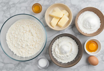 Baking Essentials Laid Out on a Marble Surface: Overhead Shot of Bowls Containing Flour, Sugar, Butter, Eggs, and a Small Dish of Vanilla Extract, Ready for Mixing and Creating D