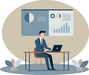 Flat-style illustration of a businessman working on a laptop in a modern office. The man in a suit sits at a desk with charts and graphs on a board behind him.