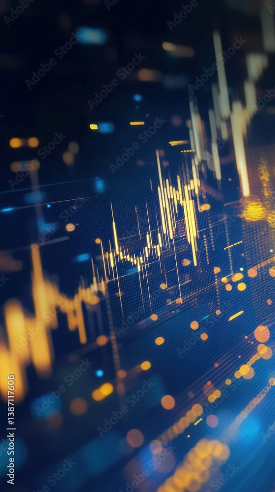 Poster abstract financial data visualization with glowing lines and shimmering particles