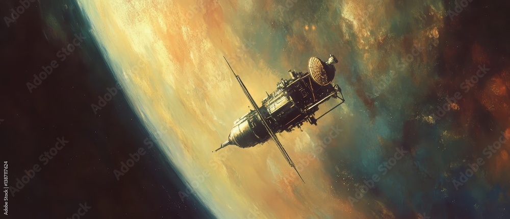 Poster satellite orbits a planet with a swirling atmosphere in a